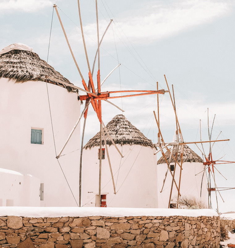 Traditional Greek whitewashed windmills